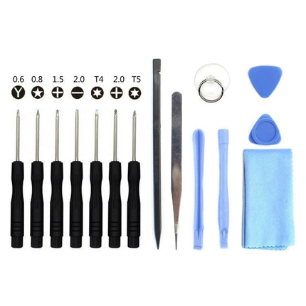JIAFA 15-in-1 Repair Tool Set for Smartphone Fixes showing 15 precision screwdrivers, spudgers, tweezers, suction cup, picks and cleaning cloth
