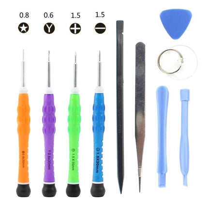 JIAFA 10-in-1 Repair Tool Set for iPhone and Samsung Devices showing screwdrivers, pry tools, tweezers, suction ring and picks for DIY phone repair