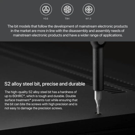 Xiaomi Mijia 24-in-1 Precision Magnetic Screwdriver Set for Repairs - close-up of S2 alloy steel precision bit and magnetic screwdriver on electronics