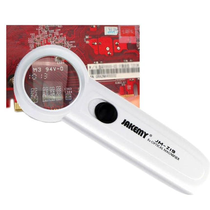 Jakemy Portable 8X Optical Magnifier with LED Light for Precision Tasks – handheld magnifier inspecting electronics, white body with LED button