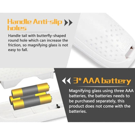 Jakemy Portable 8X Optical Magnifier with LED Light for Precision Tasks - closeup of anti-slip handle holes and 3x AAA battery compartment