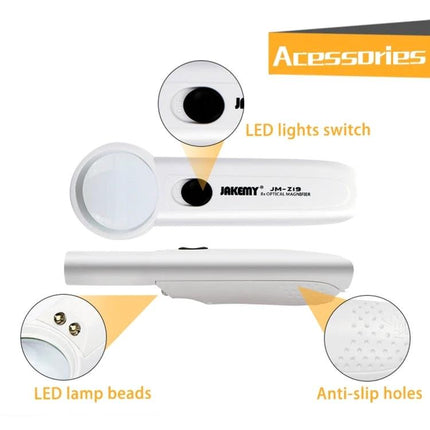 Jakemy Portable 8X Optical Magnifier with LED Light for Precision Tasks – white handheld magnifier showing LED lamp beads, LED lights switch and anti-slip holes