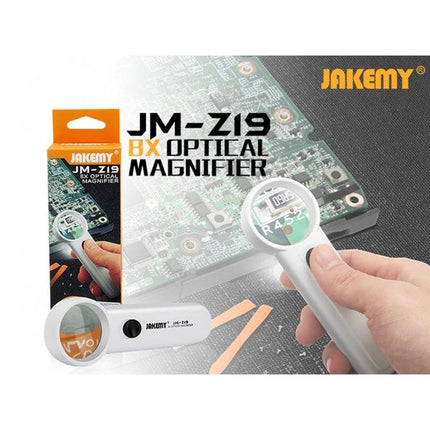 Jakemy Portable 8X Optical Magnifier with LED Light for Precision Tasks - handheld magnifier inspecting circuit board, ideal for jewelry and watch repair