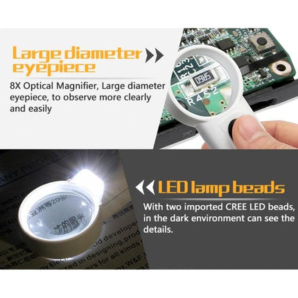 Jakemy Portable 8X Optical Magnifier with LED Light for Precision Tasks showing large eyepiece and LED illumination for electronics and jewelry inspection