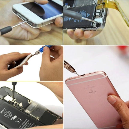 Pentalobe 0.8 Screwdriver for iPhone Charging Port Repairs — close-up collage showing screwdriver removing and installing iPhone charging port screws
