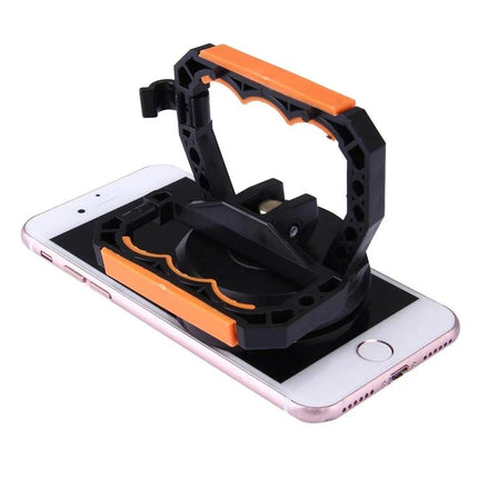 Jakemy Multifunctional Suction Cup for iPhone and Smartphone Screens on a smartphone screen, black and orange suction tool for repairs