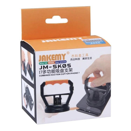 Jakemy Multifunctional Suction Cup for iPhone and Smartphone Screens - packaging showing black suction cup tool used to lift a smartphone screen