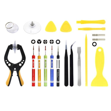 JIAFA 19-Piece Phone Repair Tool Set with Carrying Bag showing 19 tools laid out for smartphone screen and internal repairs