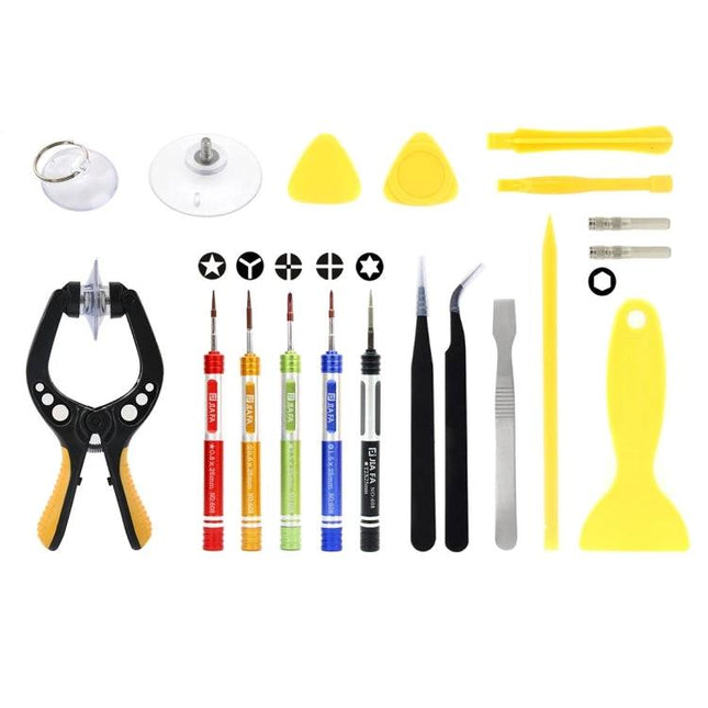 JIAFA 19-Piece Phone Repair Tool Set with Carrying Bag showing 19 tools laid out for smartphone screen and internal repairs