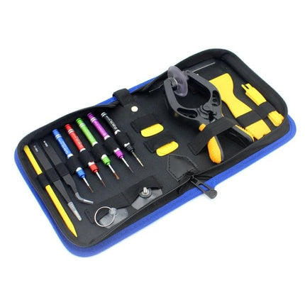 JIAFA 19-Piece Phone Repair Tool Set with Carrying Bag open kit showing screwdrivers pry tools suction cup and case