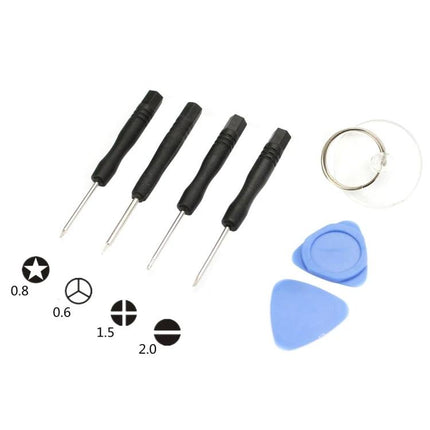 Nine-in-One Repair Tool Kit for iPhone 7 and 7 Plus - compact set with four precision screwdrivers, suction cup, and plastic pry picks for DIY screen and battery repair
