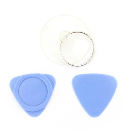 Nine-in-One Repair Tool Kit for iPhone 7 and 7 Plus showing blue guitar-pick pry tools and suction cup for screen removal