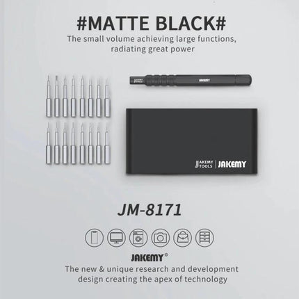 JAKEMY Multifunctional Screwdriver Set for Home Repairs - matte black 16-bit precision kit with magnetic driver and compact storage case