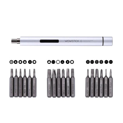 Wowstick 19-in-1 Precision Screwdriver Kit for Device Repair silver handle with 18 precision bits laid out for electronics repair
