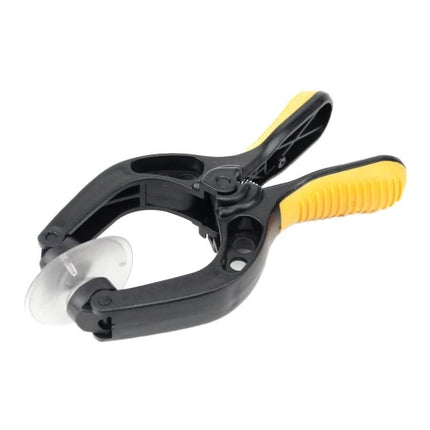 Universal Screen Repair Tool for Mobile Devices and Tablets - plastic clamp with suction cup and yellow grips for holding screens during repair