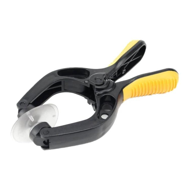 Universal Screen Repair Tool for Mobile Devices and Tablets - plastic clamp with suction cup and yellow grips for holding screens during repair