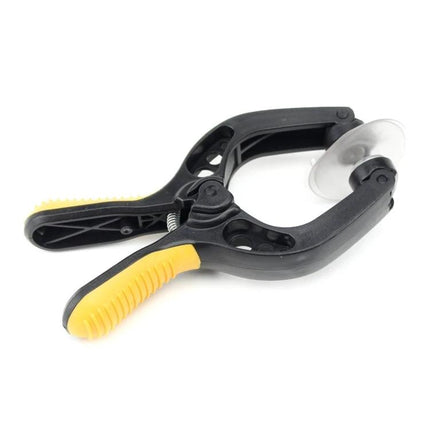 Universal Screen Repair Tool for Mobile Devices and Tablets - adjustable clamp with suction cup and non-slip yellow handles for phone and tablet screen repairs