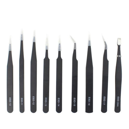 JIAFA Anti-Static Precision Tweezers Set for Electronics Repair - 9-piece black ESD tweezers for smartphone and laptop component handling