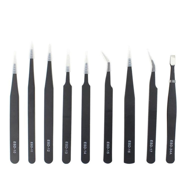 JIAFA Anti-Static Precision Tweezers Set for Electronics Repair - 9-piece black ESD tweezers for smartphone and laptop component handling