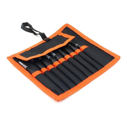 JIAFA Anti-Static Precision Tweezers Set for Electronics Repair in orange black roll-up case showing multiple precision tweezers for smartphone and laptop repair