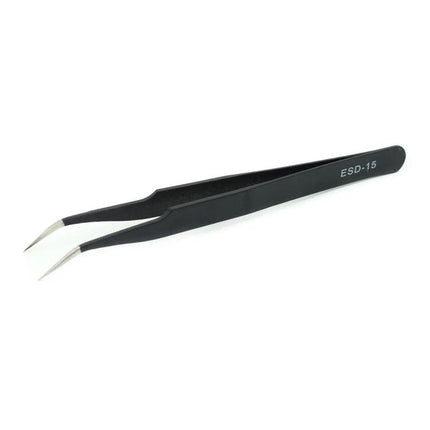 JIAFA Anti-Static Precision Tweezers Set for Electronics Repair showing angled ESD-15 tweezer handling small electronic components