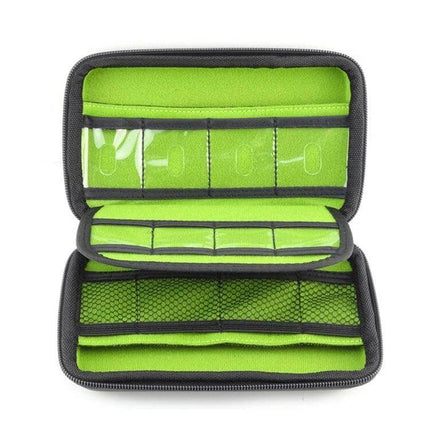 EVA Portable Travel Storage Bag for Phone and Power Bank with green interior compartments and mesh pockets