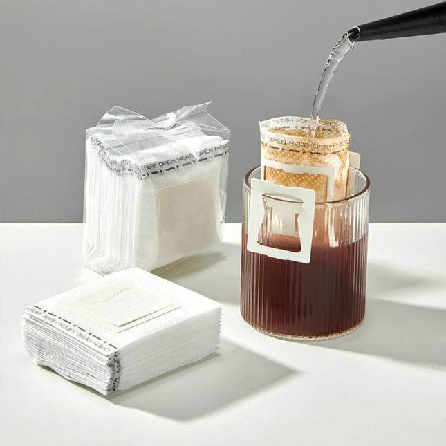 Ear-Mounted Coffee Filter For Drip Coffee, 50 Pack - disposable single-serve drip filter on cup rim brewing demonstration