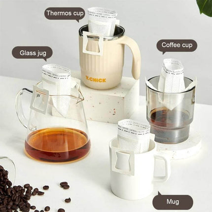 Ear-Mounted Coffee Filter For Drip Coffee, 50 Pack - disposable ear-mounted drip filters on mugs, thermos, glass jug and coffee cup for single-serve brewing
