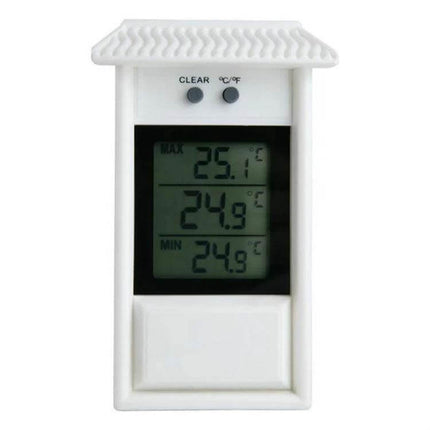 Eaves Shape Outdoor Garden Thermometer Waterproof For Outdoors white digital display showing 25.1°C, max/mid/min readings, eaves-mountable waterproof design