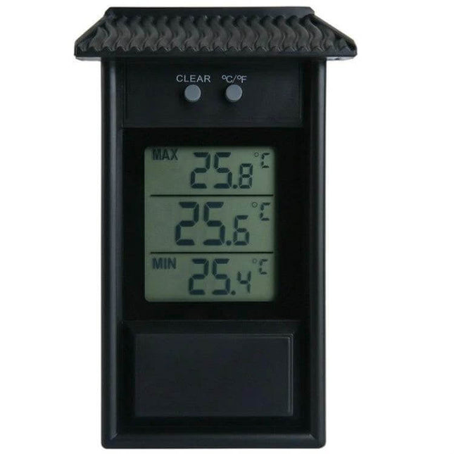 Eaves Shape Outdoor Garden Thermometer Waterproof For Outdoors black eaves-style digital wall-mounted thermometer with clear LCD showing max, current and min temperatures