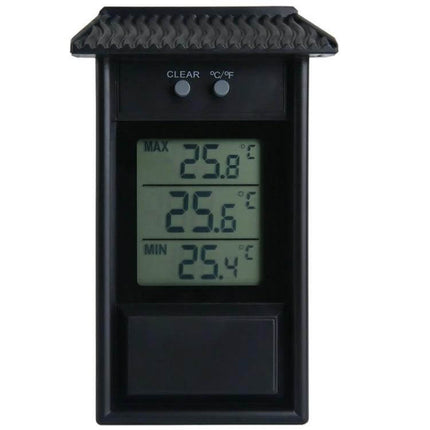 Eaves Shape Outdoor Garden Thermometer Waterproof For Outdoors mounted on wall showing digital max, current and min temperatures (−20 to 50°C range)