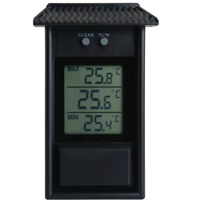 Eaves Shape Outdoor Garden Thermometer Waterproof For Outdoors mounted on wall showing digital max, current and min temperatures (−20 to 50°C range)