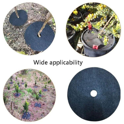 Ecological Anti-Grass Non-Woven Garden Cloth For Weed Control 52x6cm shown as circular tree and pot weed-suppressing mats allowing air and moisture