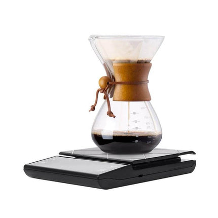 Effortless Slim Kitchen Scale For Coffee Use, 3kg Capacity on counter with Chemex brewer and brewed coffee