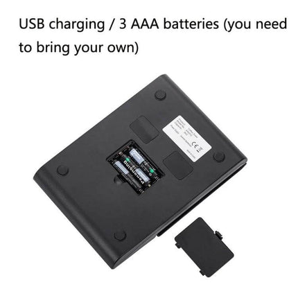 Effortless Slim Kitchen Scale For Coffee Use, 3kg Capacity - underside showing AAA battery compartment, USB charging port and removable cover