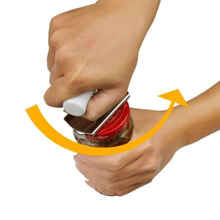 Effortless Stainless Steel Can Opener With Adjustable Design - hand using stainless opener to twist jar lid with comfortable PP handle