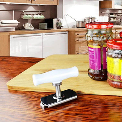 Effortless Stainless Steel Can Opener With Adjustable Design on kitchen counter beside jars, stainless steel body and comfortable white PP handle