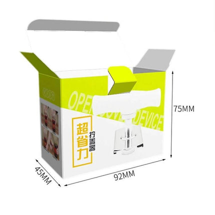 Effortless Stainless Steel Can Opener With Adjustable Design packaged box showing dimensions and product image