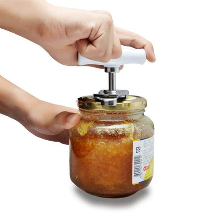 Effortless Stainless Steel Can Opener With Adjustable Design being used to open a jam jar with comfortable PP handle for easy grip