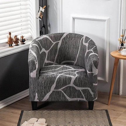 Elastic All Inclusive Semicircle Printed Grey Sofa Cover in modern living room, stretchable U-shaped protective sofa slipcover