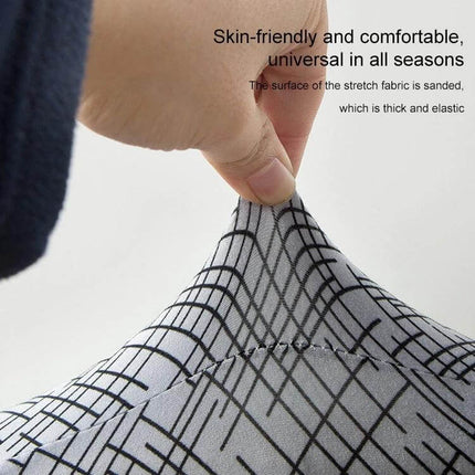 Elastic All-Inclusive Semicircle Printed Sofa Cover, Colorful Geometry — close-up of stretchy, skin-friendly printed fabric being pulled to show elasticity and seam detail