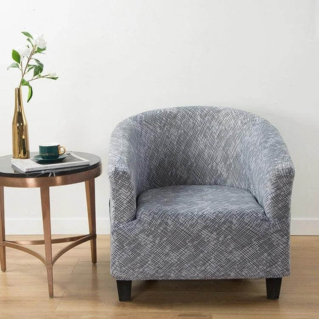 Elastic All-Inclusive Semicircle Printed Sofa Cover, Colorful Geometry on gray patterned tub chair protecting upholstery in modern living room