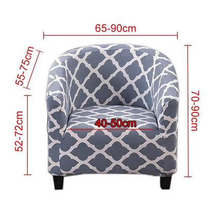 Elastic All Inclusive Semicircle Printed Grey Sofa Cover on patterned grey armchair with measurements for 65-90cm width and 40-50cm seat depth