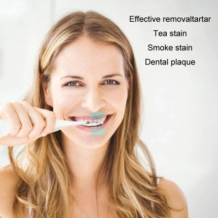 Electric Dental Scaler Replacement Heads White 5 Pack For At Home Cleaning showing smiling person using ultrasonic scaler to remove stains and dental plaque
