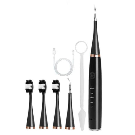 Electric Dental Scaler Replacement Heads White 5 Pack For At Home Cleaning - five white replacement heads shown with ultrasonic scaler and accessories