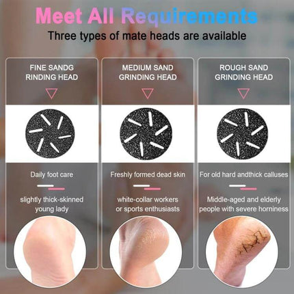 Electric Foot File Pedicure Kit White For Home Foot Care showing three interchangeable grinding heads for fine, medium and rough callus removal