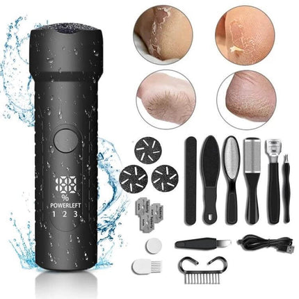 Electric Foot File Pedicure Kit White For Home Foot Care - white handheld USB rechargeable electric foot file with LED display, 3 grinding heads and accessories