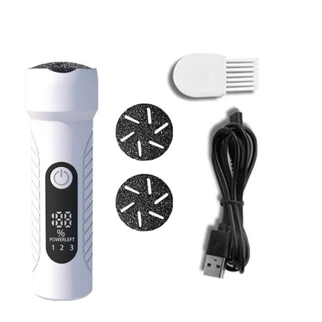 Electric Foot File Pedicure Kit White For Home Foot Care - white USB rechargeable handheld unit with 3 grinding heads, LED display and brush