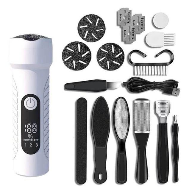 Electric Foot File Pedicure Kit White For Home Foot Care - white USB rechargeable electric foot file with LED display, three grinding heads and full pedicure tool set