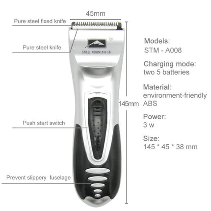 Electric Hair Shaver For Men And Children, Home Grooming Silver - silver ABS body with stainless steel blade, 3W motor, compact 145mm cordless trimmer